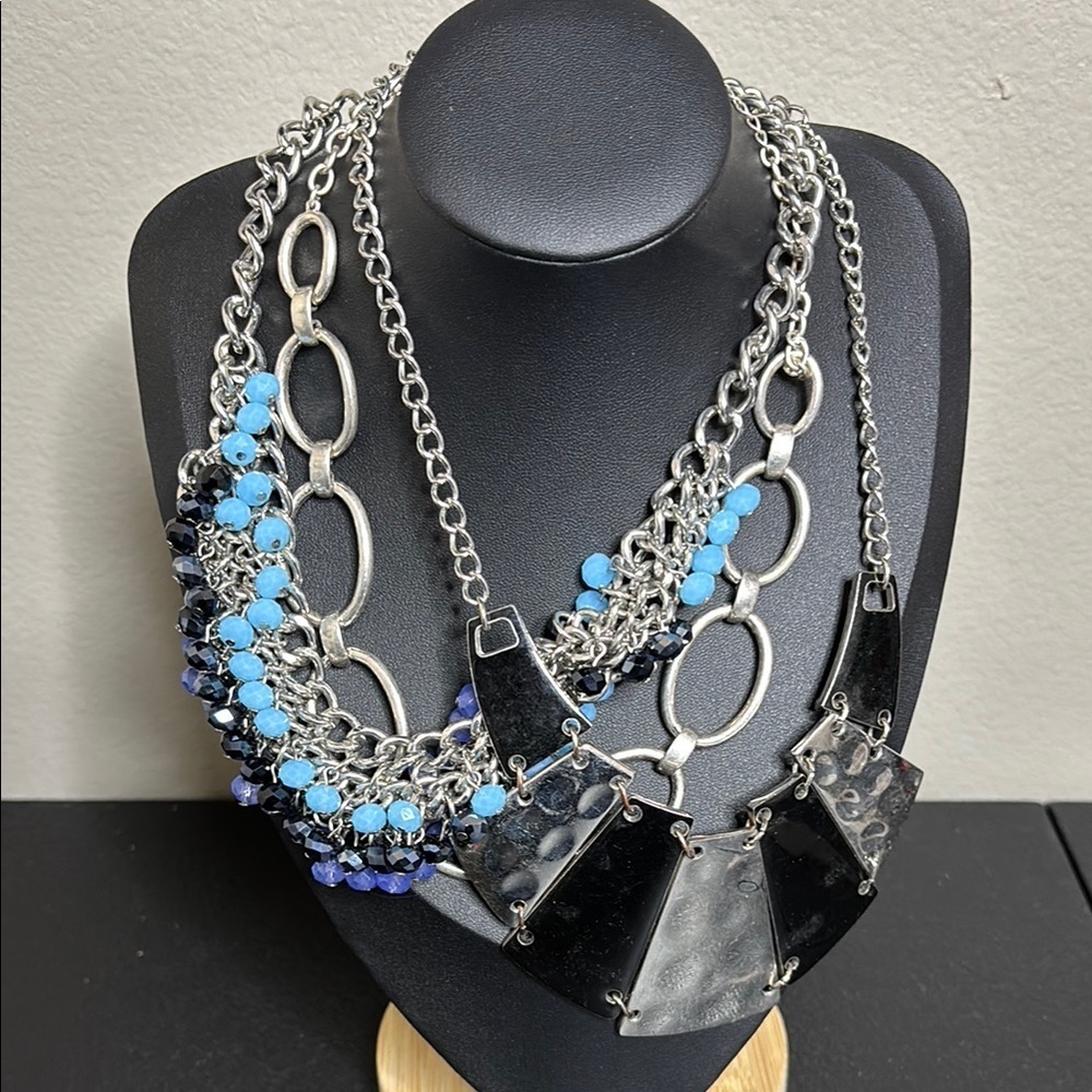Bundle of 3 Lot Jewelry Statement Chain Silver Tone Black Multi-Layer Necklace